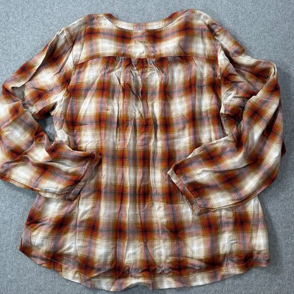 Da-sh Plaid Peasant Blouse Women's XL Long Sleeve Orange Cream Red Boho Button - Picture 8 of 8